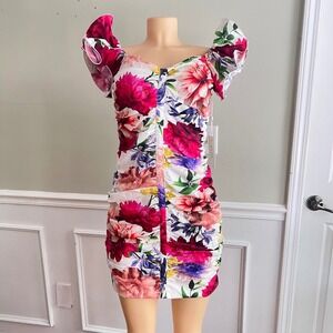 Siena Floral Mini Dress Womens 8 Ruched Ruffle White Pink Garden Resort Tropical